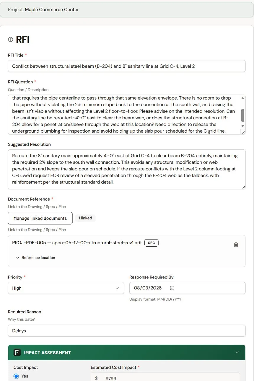 RFI form being filled out