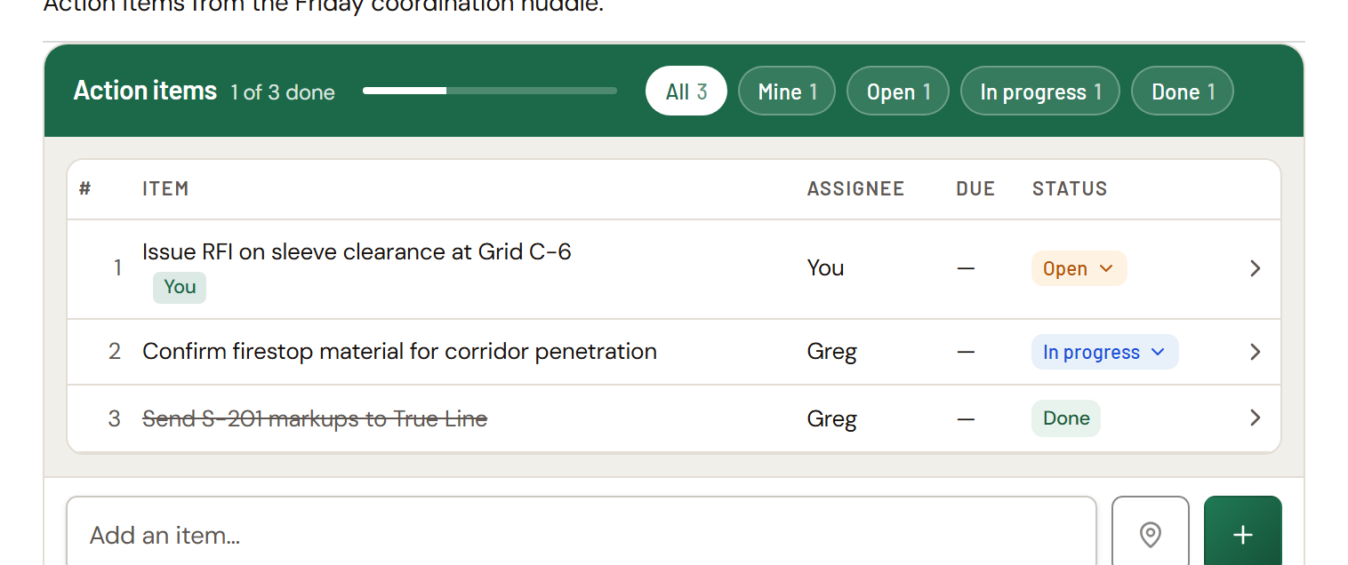 An action items list with items in several statuses
