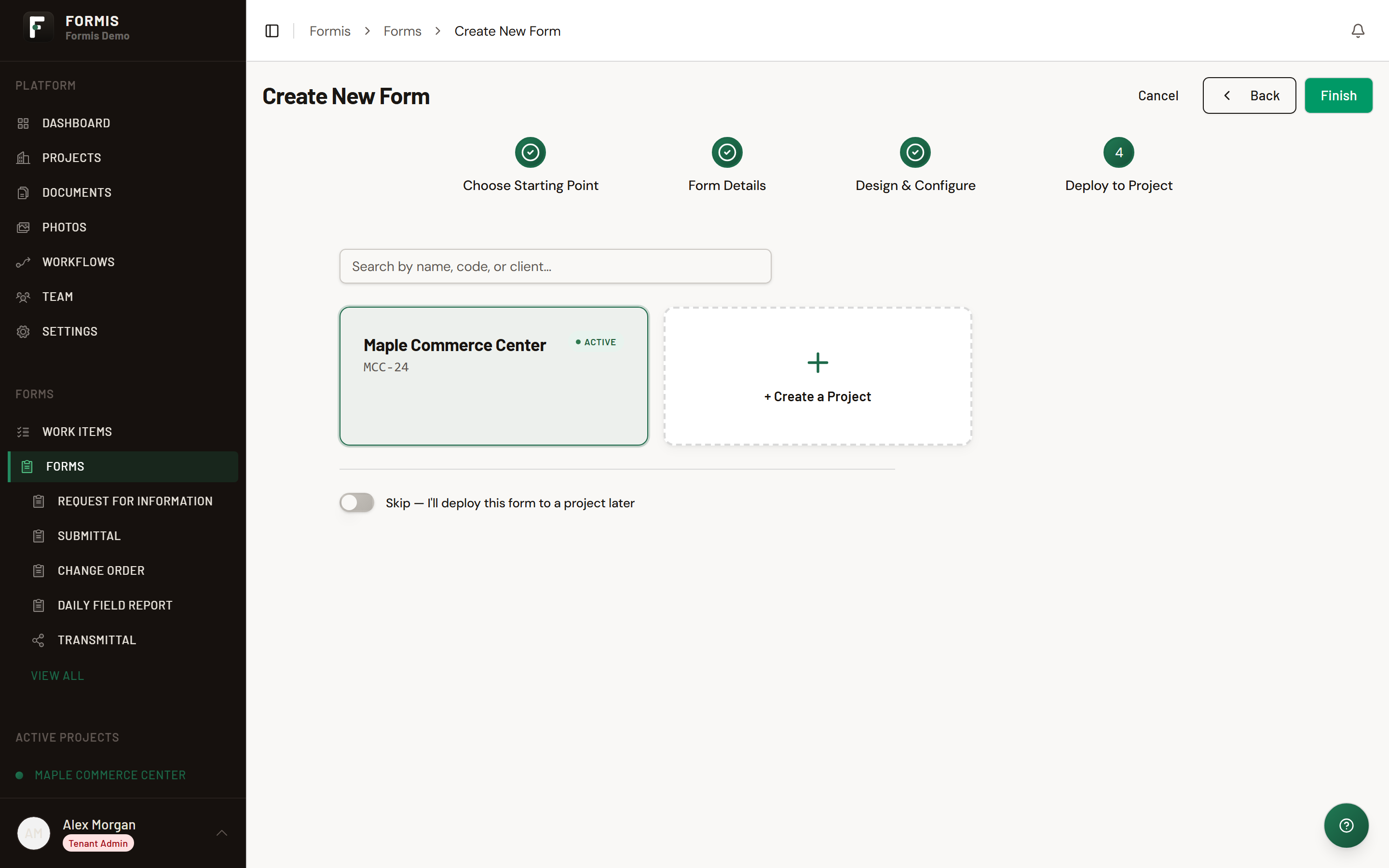 Screenshot: Deploy to Project step with Maple Commerce Center selected and Finish enabled at the top right.