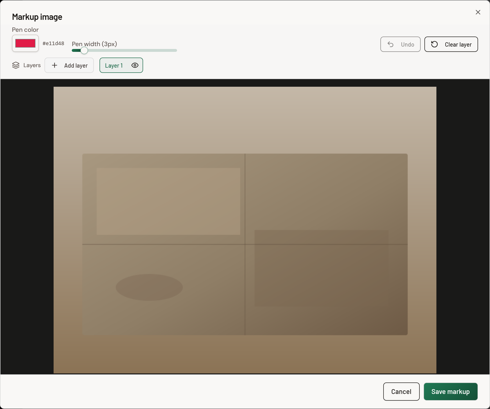 Screenshot: Markup image dialog on a jobsite photo with pen and layers controls.