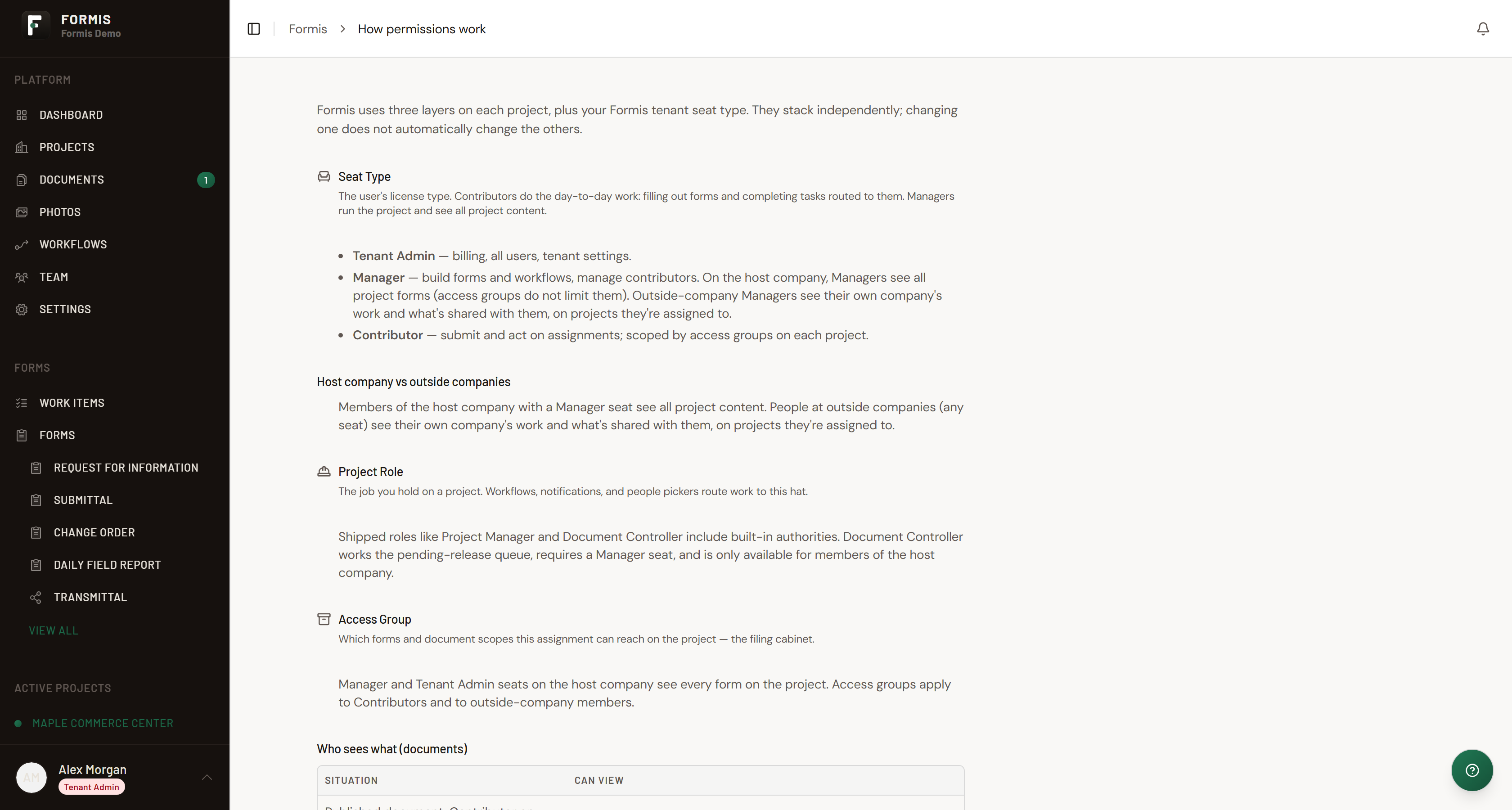 Screenshot: How permissions work explainer with seat, role, company, and Access Group sections.