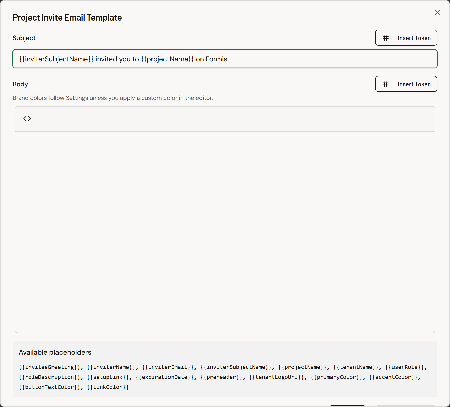 Screenshot: Project Invite Email Template dialog open for editing.