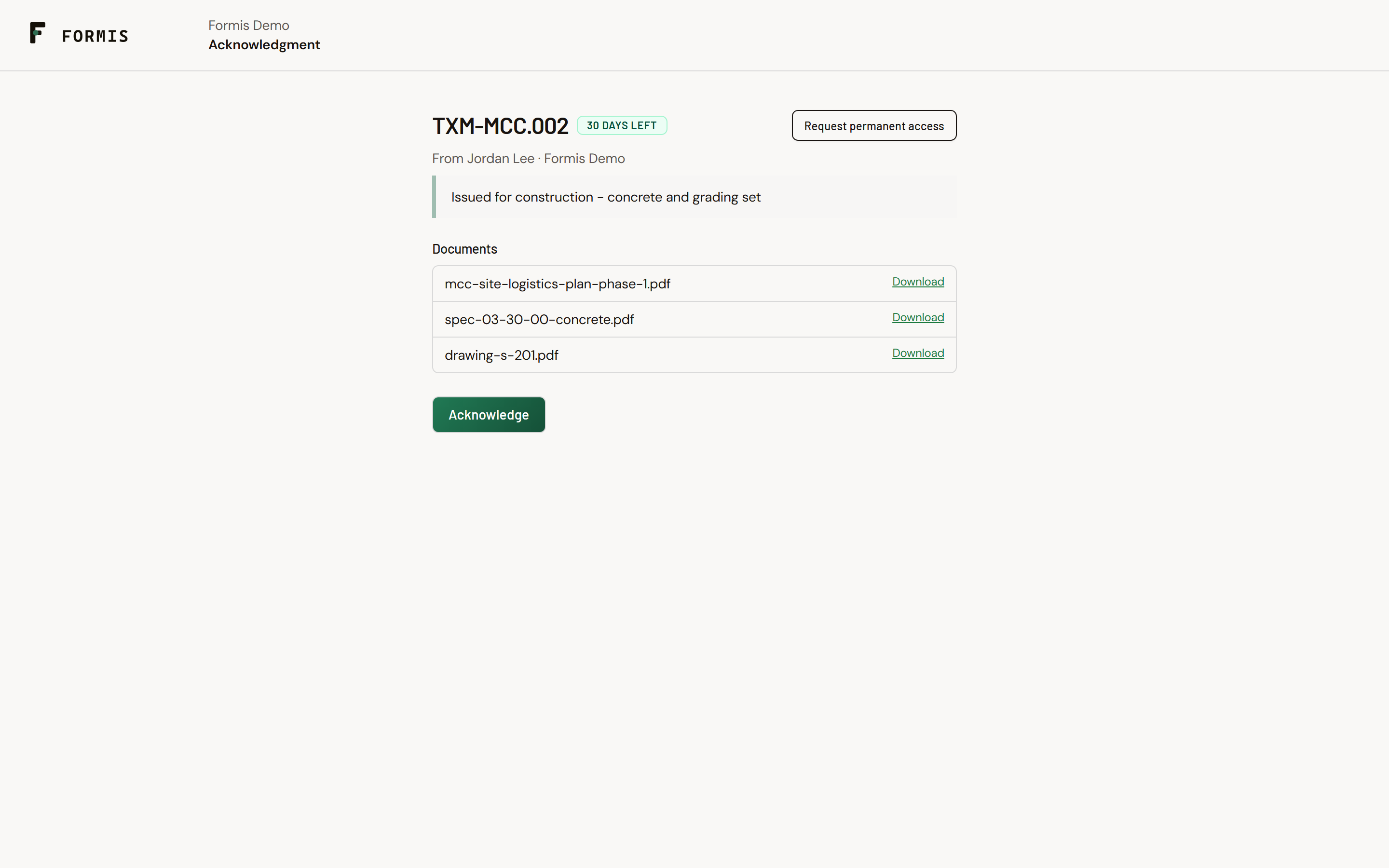 Screenshot: Guest acknowledgment page showing documents with Download and Acknowledge.