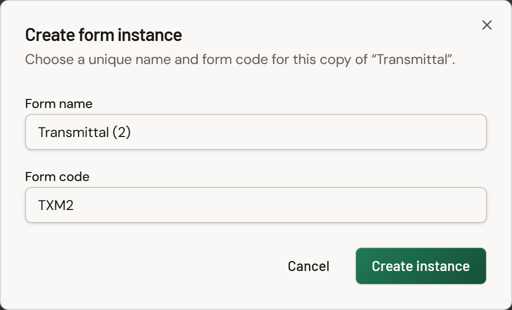 Screenshot: Formis form library with Create instance on a template card.