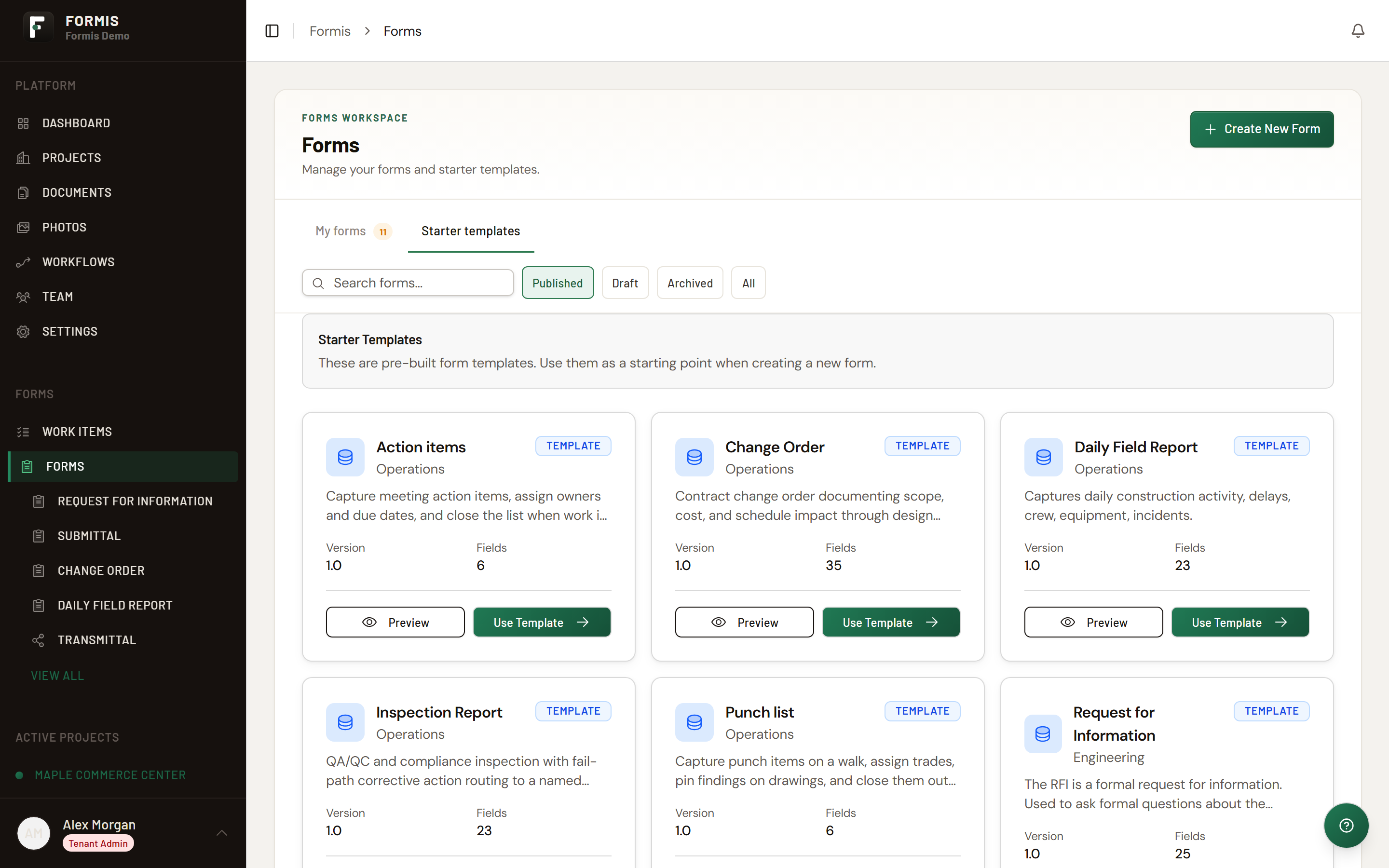 Screenshot: Forms page Starter templates section with Use Template on Request for Information.