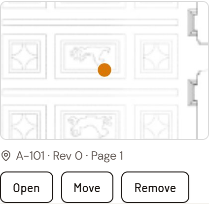 A Task List item's pin card showing the drawing, the pin, and Open, Move, and Remove controls