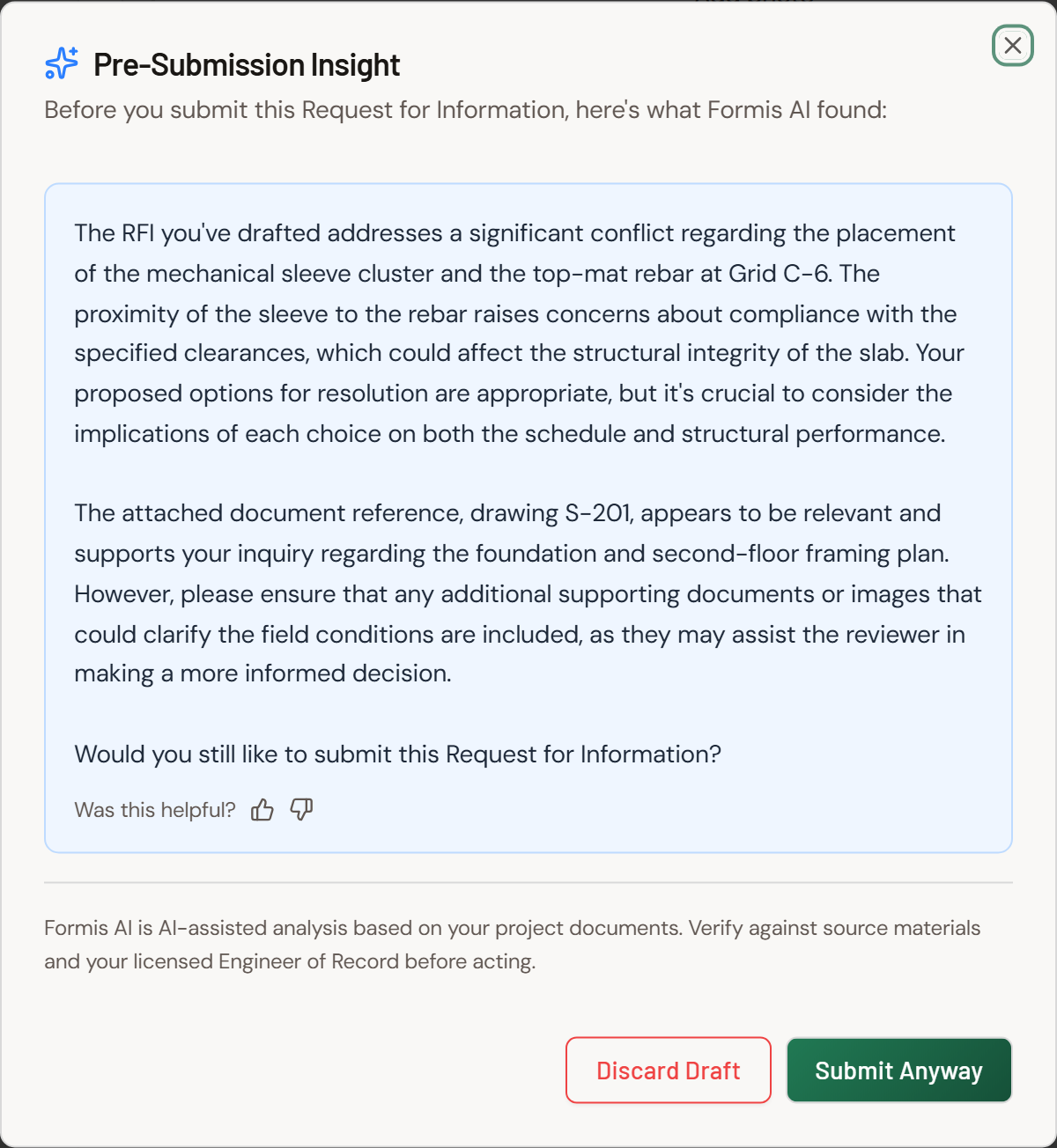 Screenshot: Pre-Submission Insight modal reviewing an RFI before final submit.