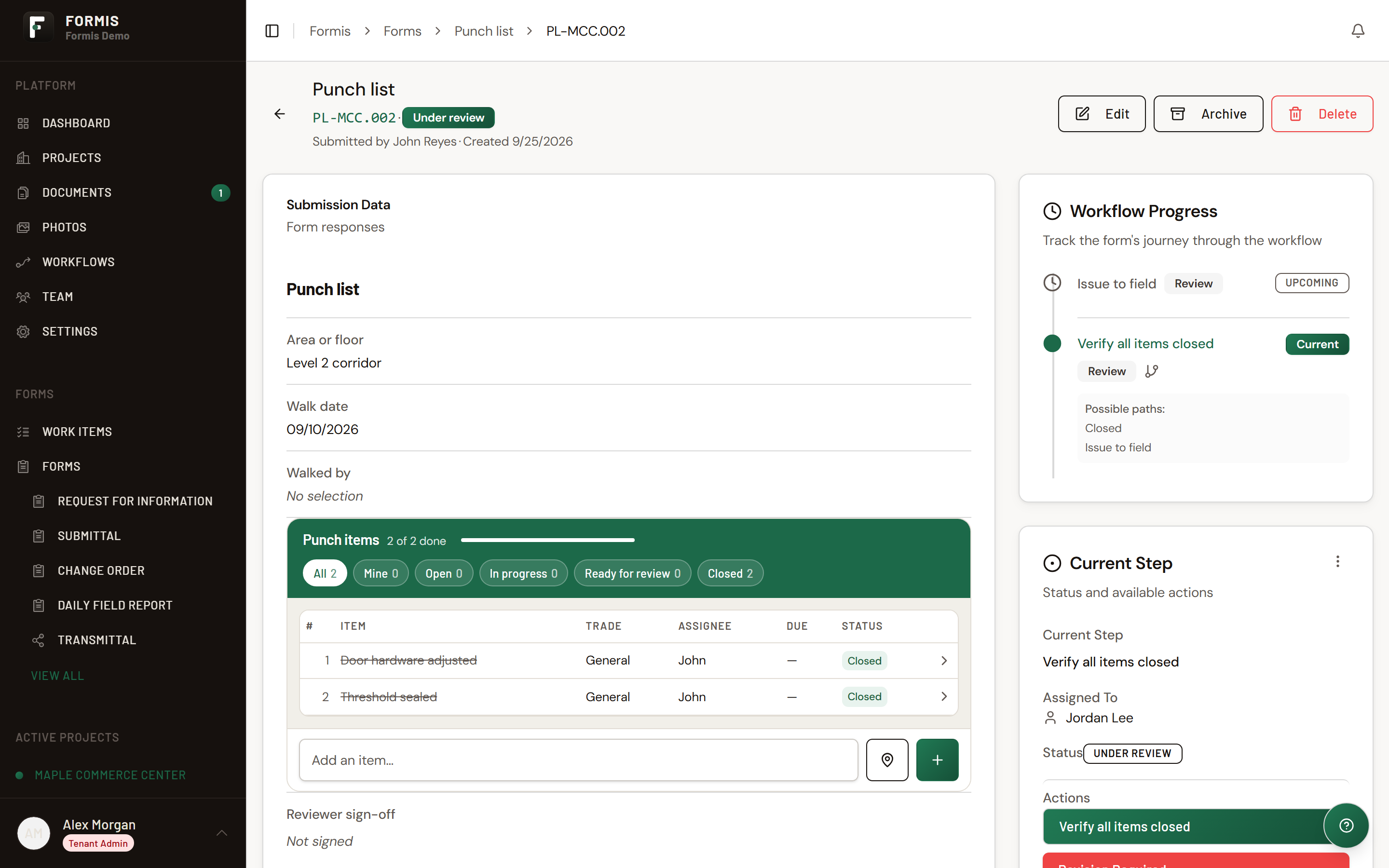 Workflow Progress panel showing the closeout review stage