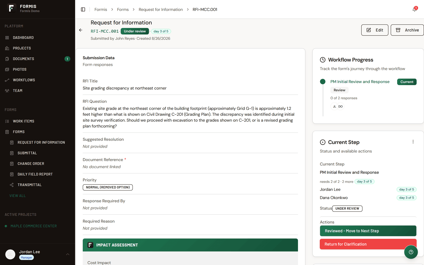 The reviewer's task view in Formis showing the submitted form, attachments, and action choices