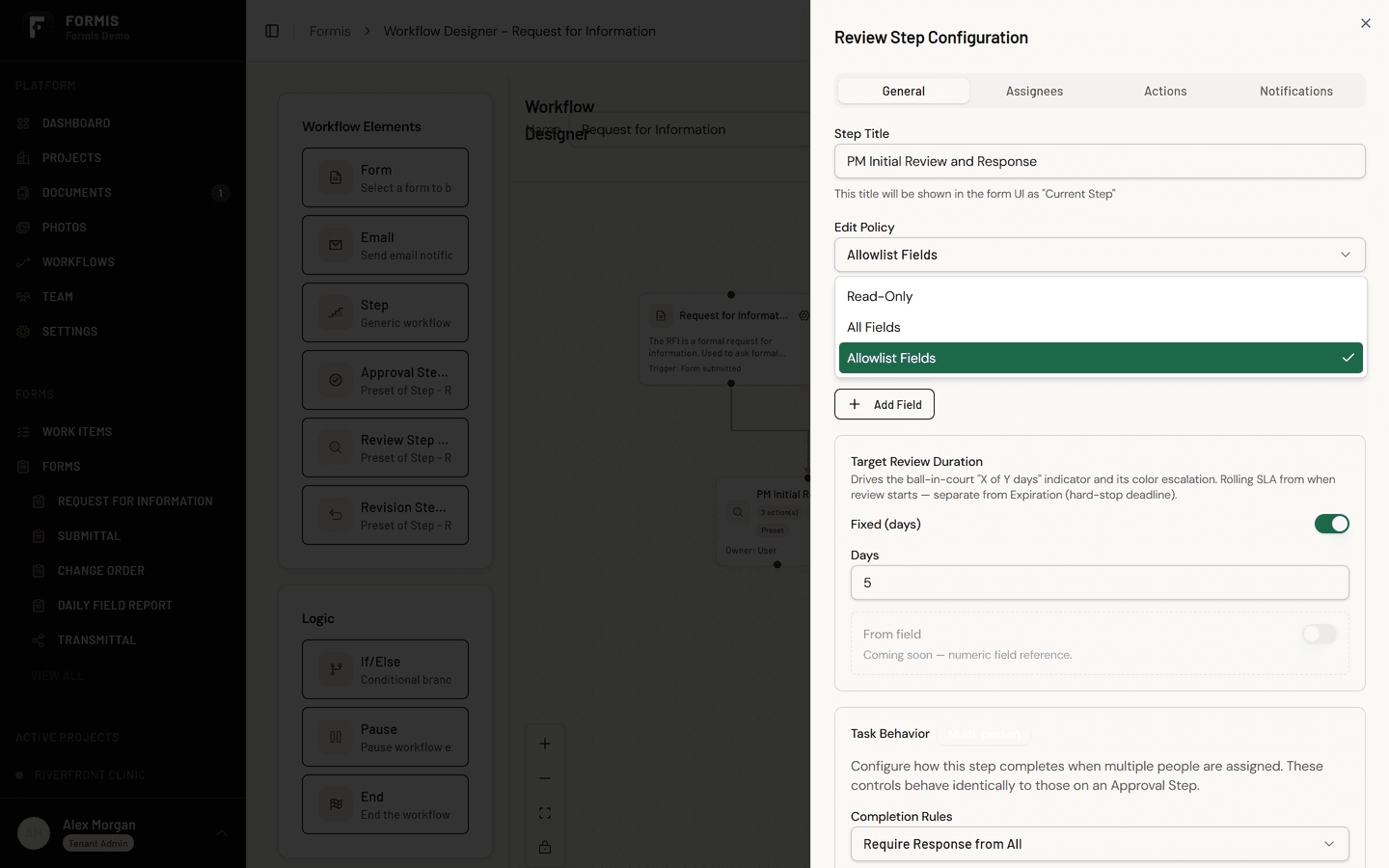 A review step's edit policy in Formis set to allowlist fields with specific fields selected