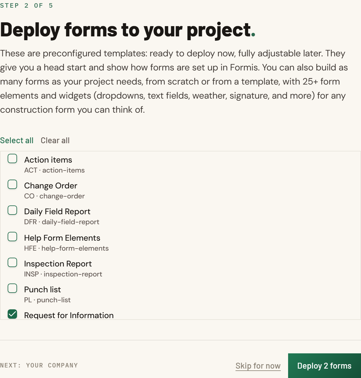Screenshot: Sheet 2 deploy list with Request for Information checked and Deploy N forms at the bottom right.