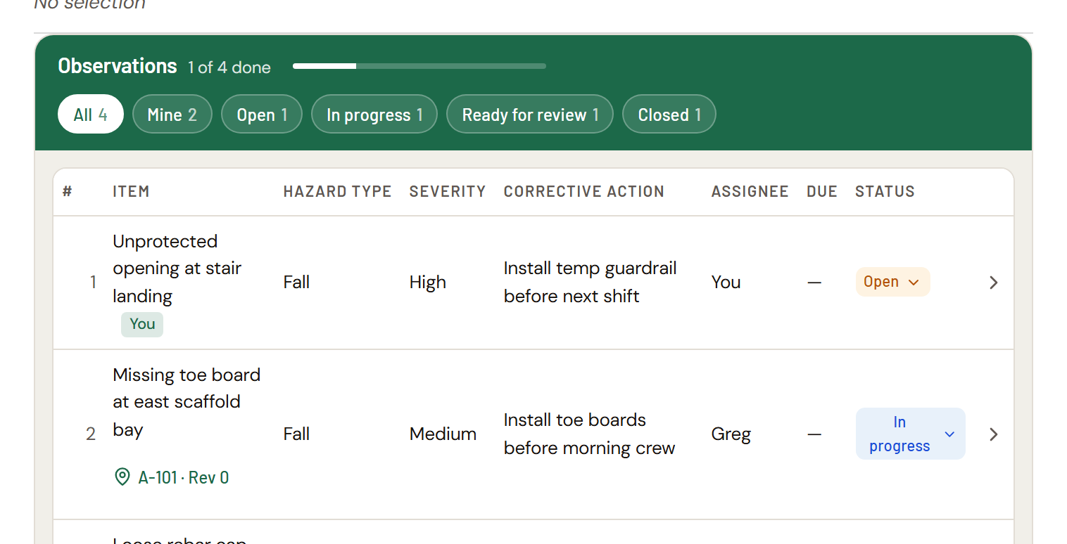 A safety observation with items across statuses, showing hazard type and severity