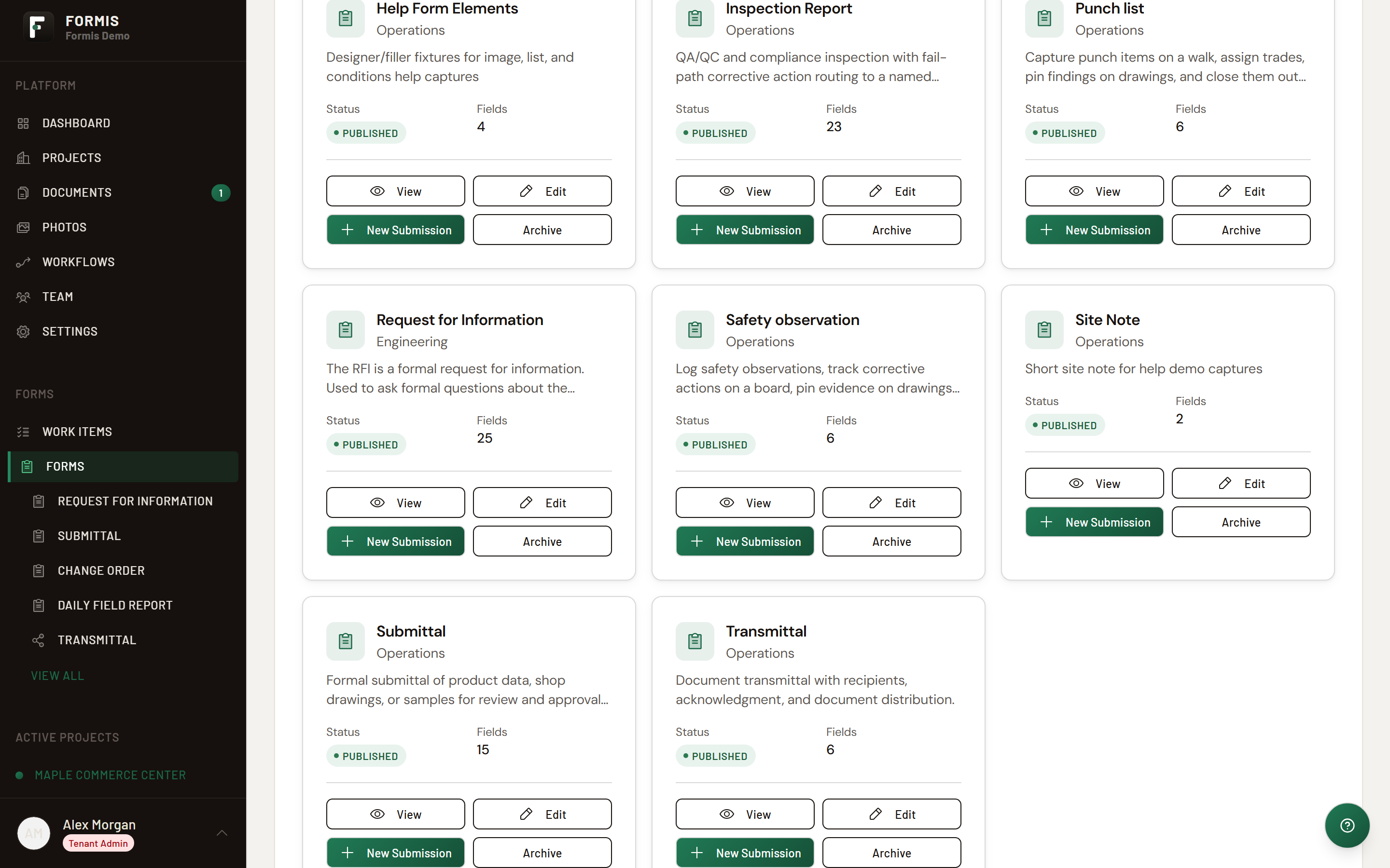Screenshot: Forms hub showing the Transmittal card with New Submission on the card.