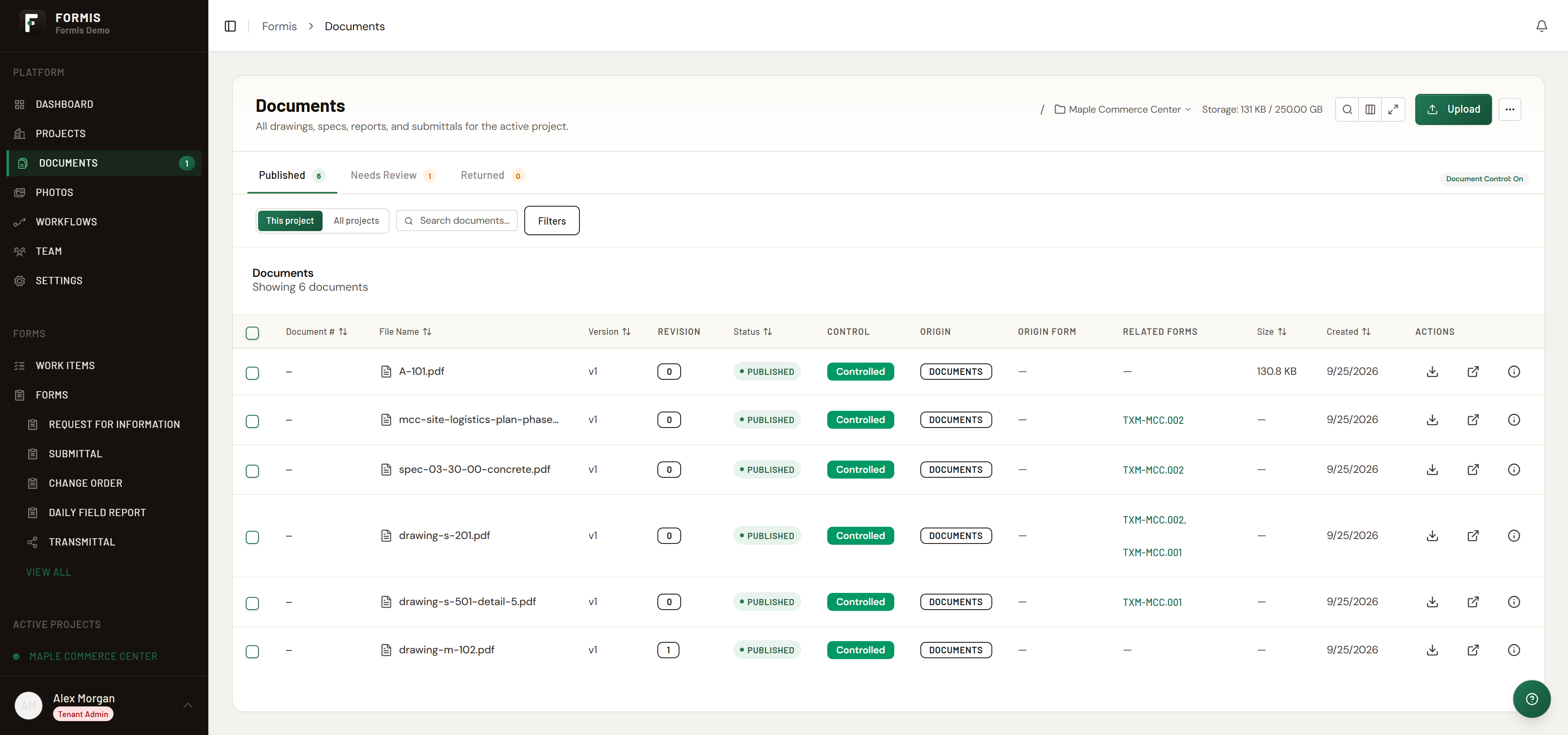 Screenshot: Documents page with Document Control On and Published, Needs Review, and Returned tabs.