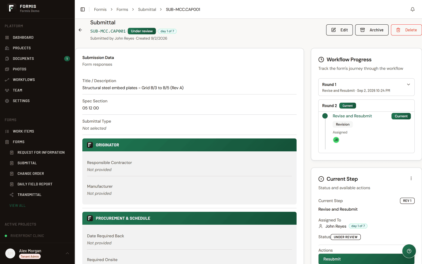 A Formis submission showing the governing outcome after reviewers responded with different actions