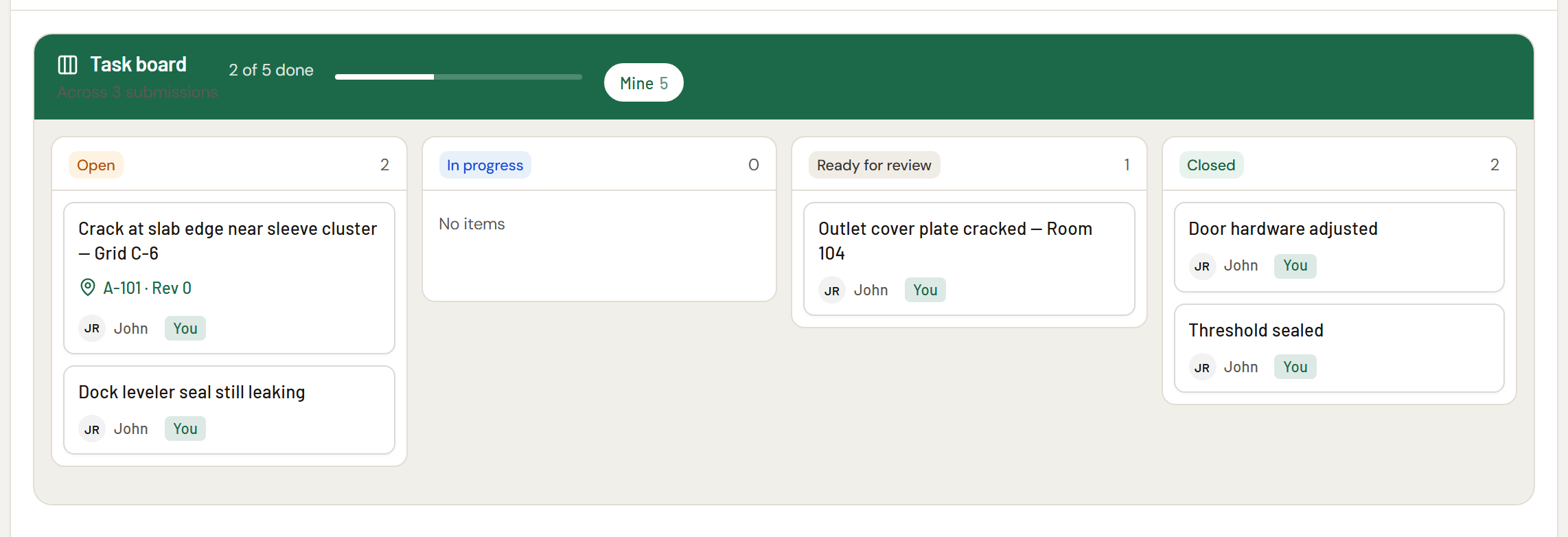 Task board aggregating items across multiple submissions