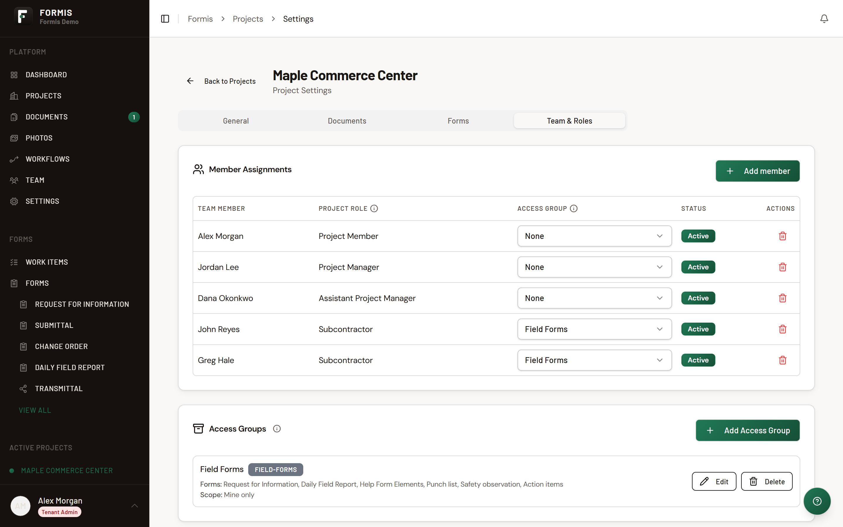 Screenshot: Project Settings Access Groups listing forms allowed for a sub crew.