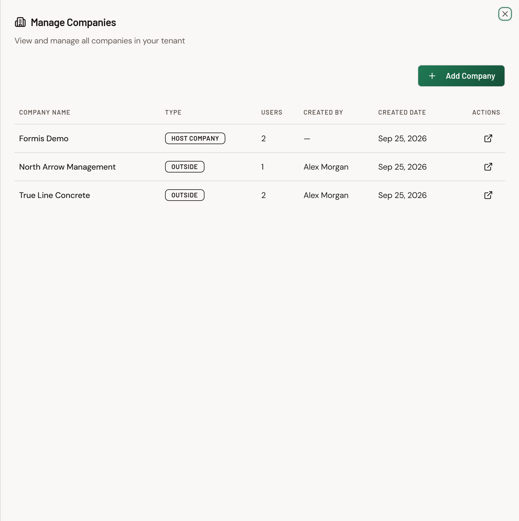 Screenshot: Manage Companies listing an outside Owner company next to the host company.