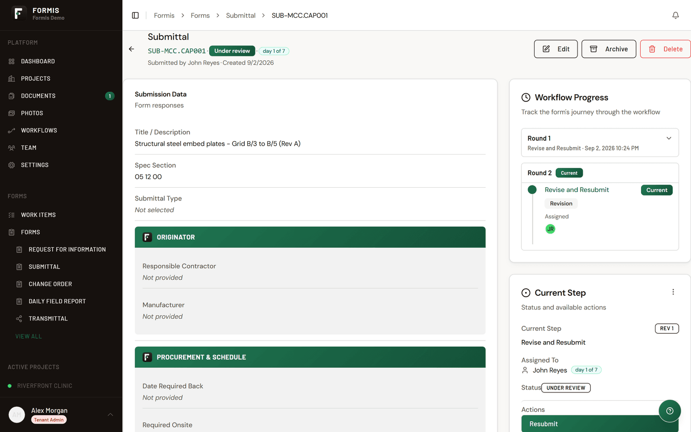 The construction submittal template running live in Formis with reviewer routing and dispositions