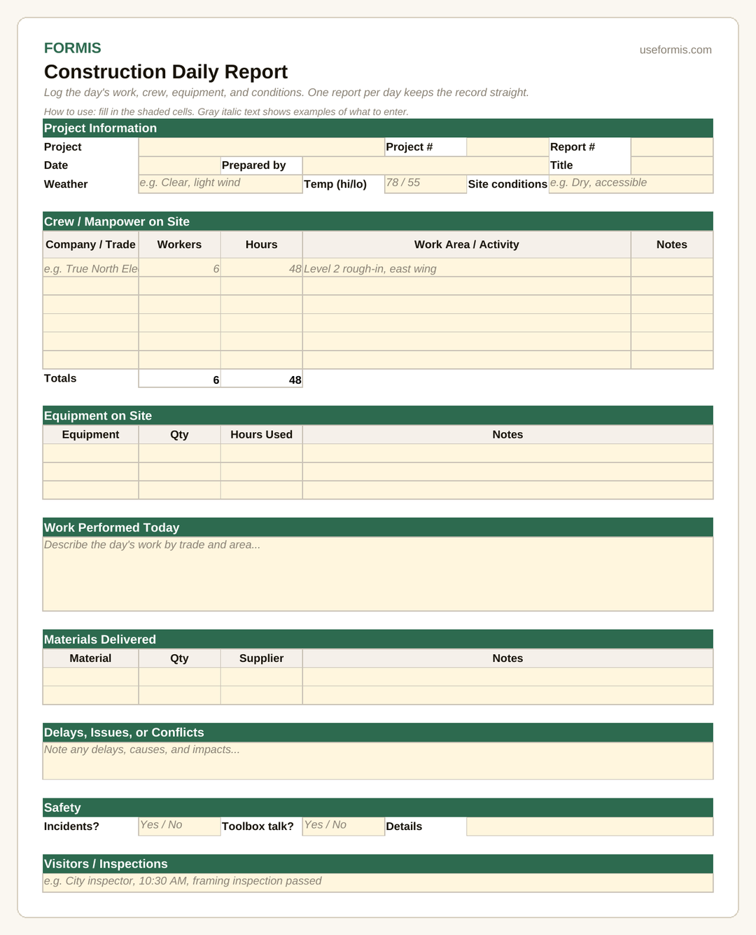Free construction daily report template with crew, equipment, and weather log fields, Excel and PDF