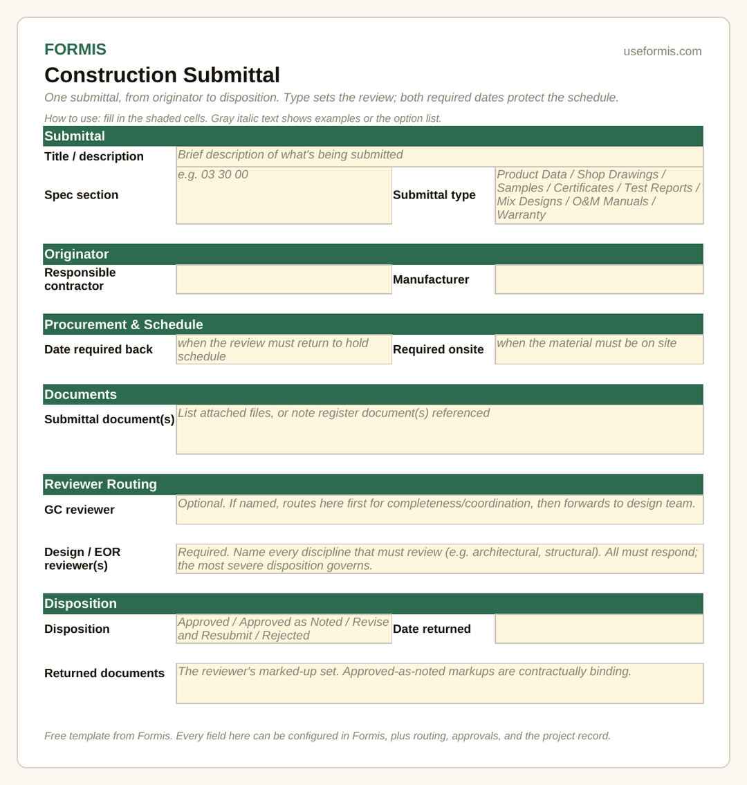 Free construction submittal template with reviewer routing and disposition fields, Excel and PDF
